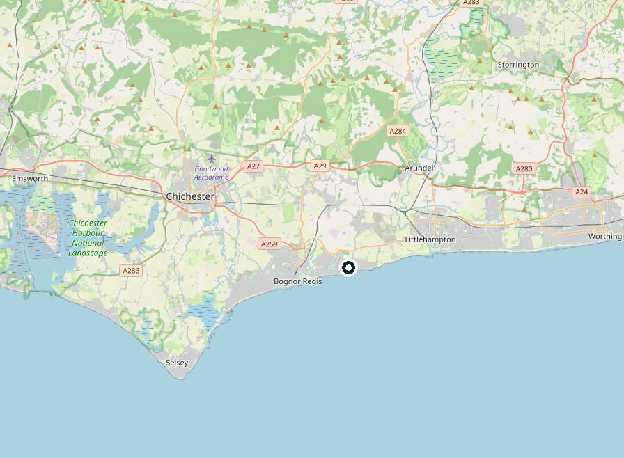 Map of the West Sussex coast from Selsey to Worthing, with Chichester, Bognor Regis, Littlehampton and Arundel marked. A dot on the coast between Bognor Regis and Littlehampton marks Middleton on Sea