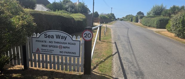 The entrance sign to Sea Way: private, no through road, 20 mph